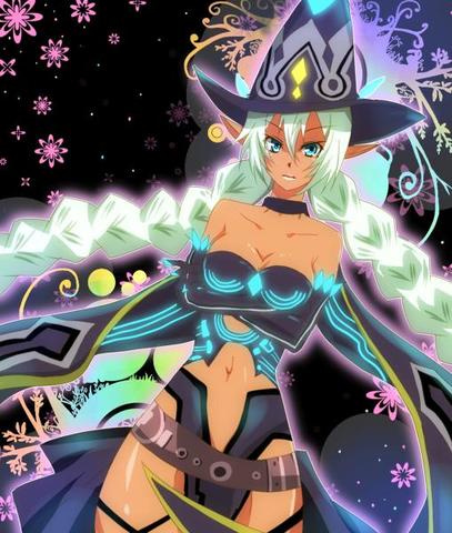 absurdres belt breasts cardfight!!_vanguard cleavage dark_skin gloves glowing green_eyes hat lowres midriff moonlight_witch_vaha shadow_paladin white_hair witch_hat