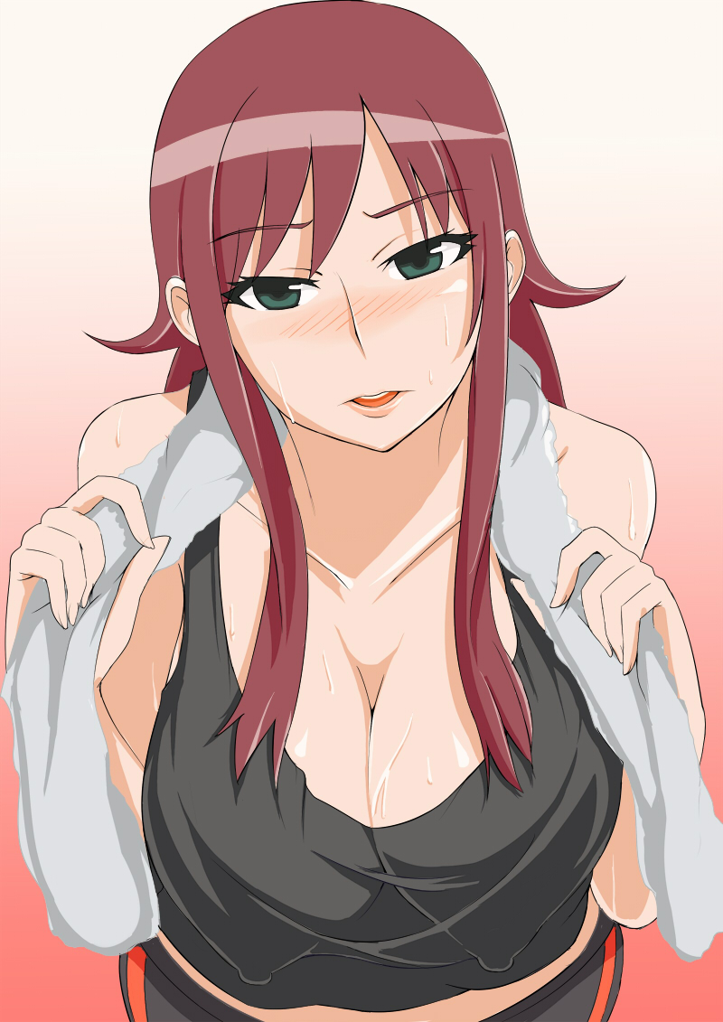 akana_rui artist_request bare_shoulders black_eyes blush breasts chousoku_henkei_gyrozetter cleavage erect_nipples large_breasts long_hair looking_at_viewer no_bra open_mouth red_hair simple_background solo sweat towel