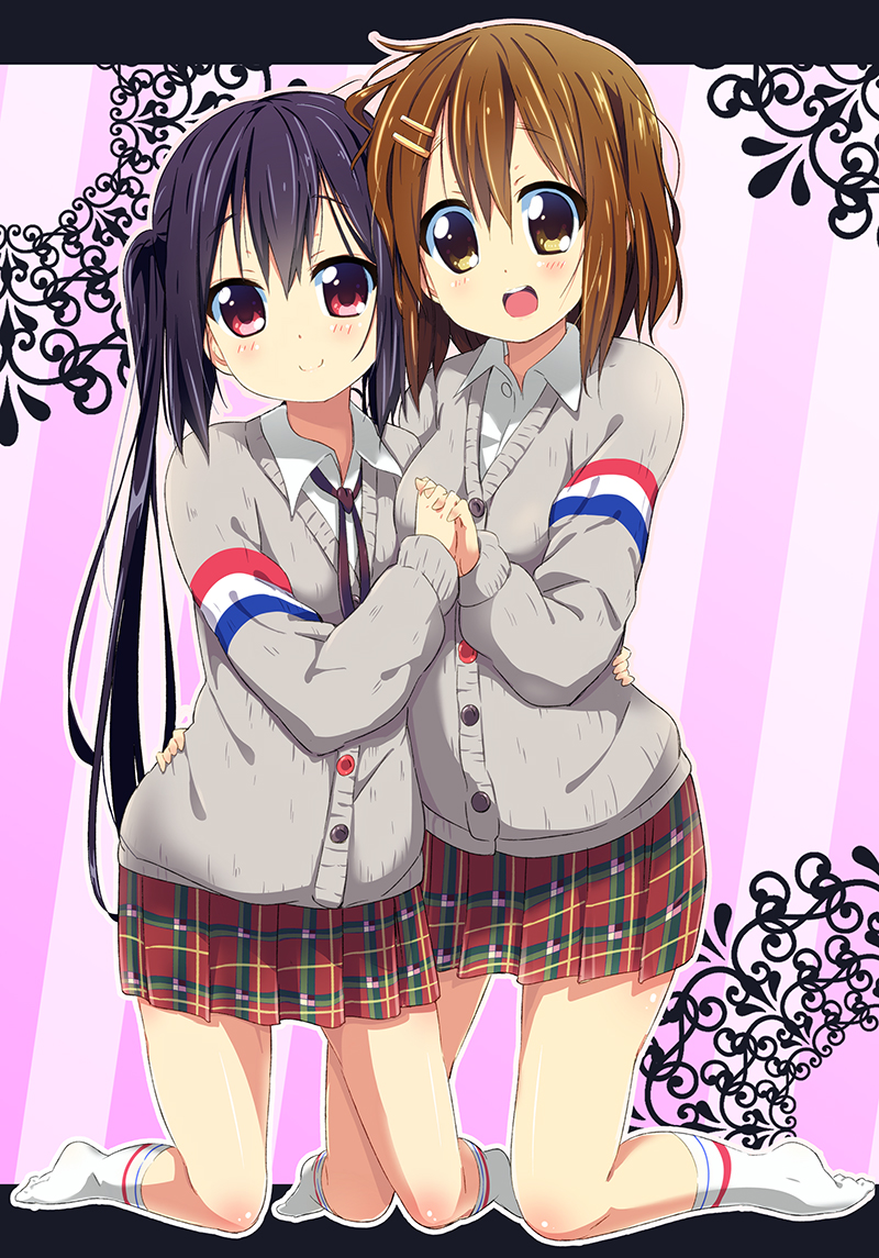:d bad_id bad_pixiv_id black_hair blush brown_eyes brown_hair cardigan hair_ornament hairclip hand_on_hip hirasawa_yui holding_hands k-on! k-on!_movie kneeling kurou_(quadruple_zero) long_hair looking_at_viewer multiple_girls nakano_azusa no_shoes open_mouth outline pink_eyes plaid plaid_skirt pleated_skirt round_teeth short_hair skirt smile teeth twintails