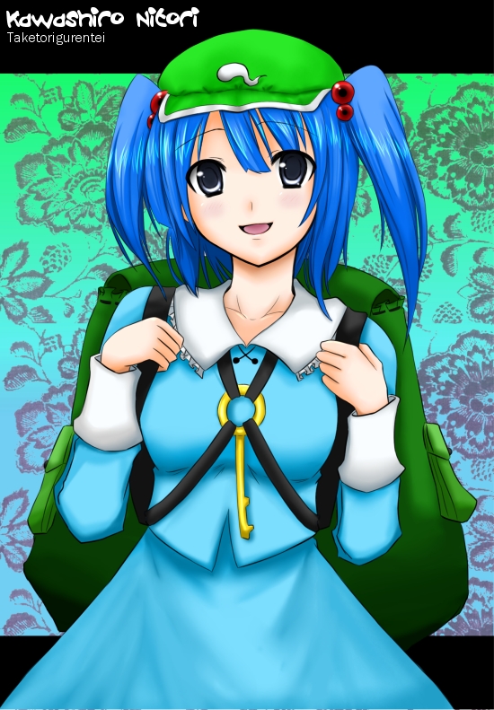 :d back blue_dress blue_eyes blue_hair character_name collar collarbone dress flat_cap hair_bobbles hair_ornament hat kaguyahime kawashiro_nitori key long_sleeves looking_at_viewer open_mouth smile solo touhou two_side_up