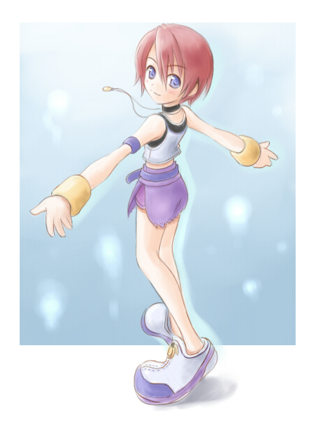 bad_id bad_pixiv_id blue_eyes jewelry kairi_(kingdom_hearts) kingdom_hearts kingdom_hearts_i miniskirt necklace no_socks red_hair satogo short_hair skirt solo