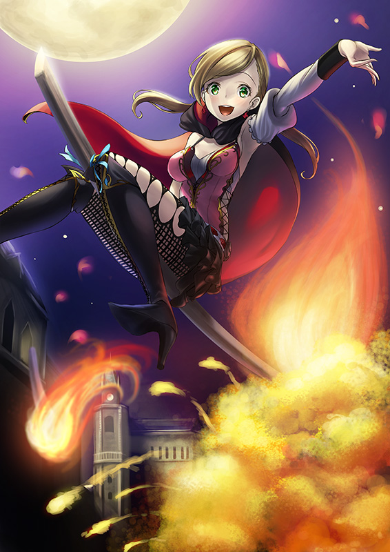 :d arm_up bad_id bad_pixiv_id boots breasts broom broom_riding brown_hair castle cleavage fire green_eyes grimm's_fairy_tales kyon_(fuuran) little_match_girl long_hair looking_at_viewer matchgirl medium_breasts moon night night_sky open_mouth princess_royale sky smile solo twintails
