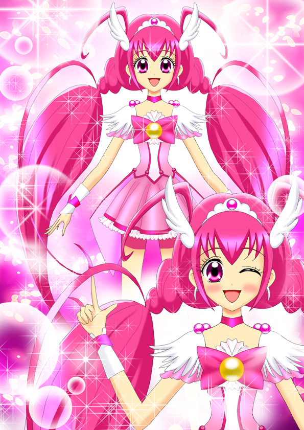 1girl bubble_background choker cure_happy headdress hoshizora_miyuki long_hair luna_rune magical_girl open_mouth pink_background pink_eyes pink_hair precure smile smile_precure! solo twintails ultra_series wink