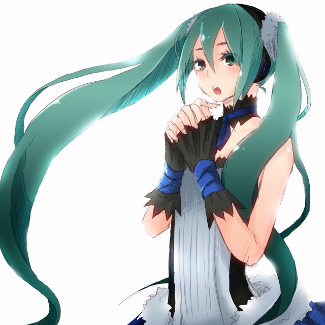 7th_dragon_(series) 7th_dragon_2020 aqua_eyes dress fingerless_gloves gloves green_hair hands_clasped hatsune_miku kasagland long_hair own_hands_together solo twintails vocaloid