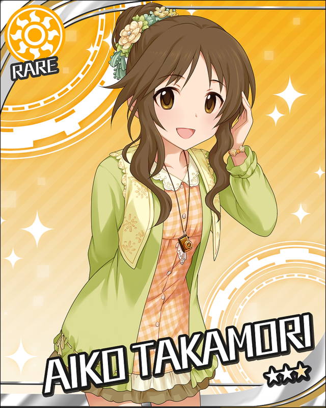 arm_behind_back brown_eyes brown_hair card_(medium) character_name checkered flower hair_flower hair_ornament hand_in_hair idolmaster idolmaster_cinderella_girls jewelry jpeg_artifacts looking_at_viewer official_art orange_background pendant smile solo sun_(symbol) takamori_aiko vest