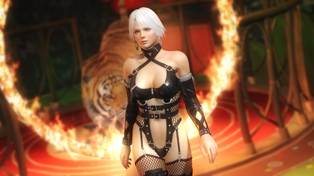 1girl 3d breasts christie christie_(doa) dead_or_alive dead_or_alive_5 fire large_breasts official_art tecmo tiger white_hair