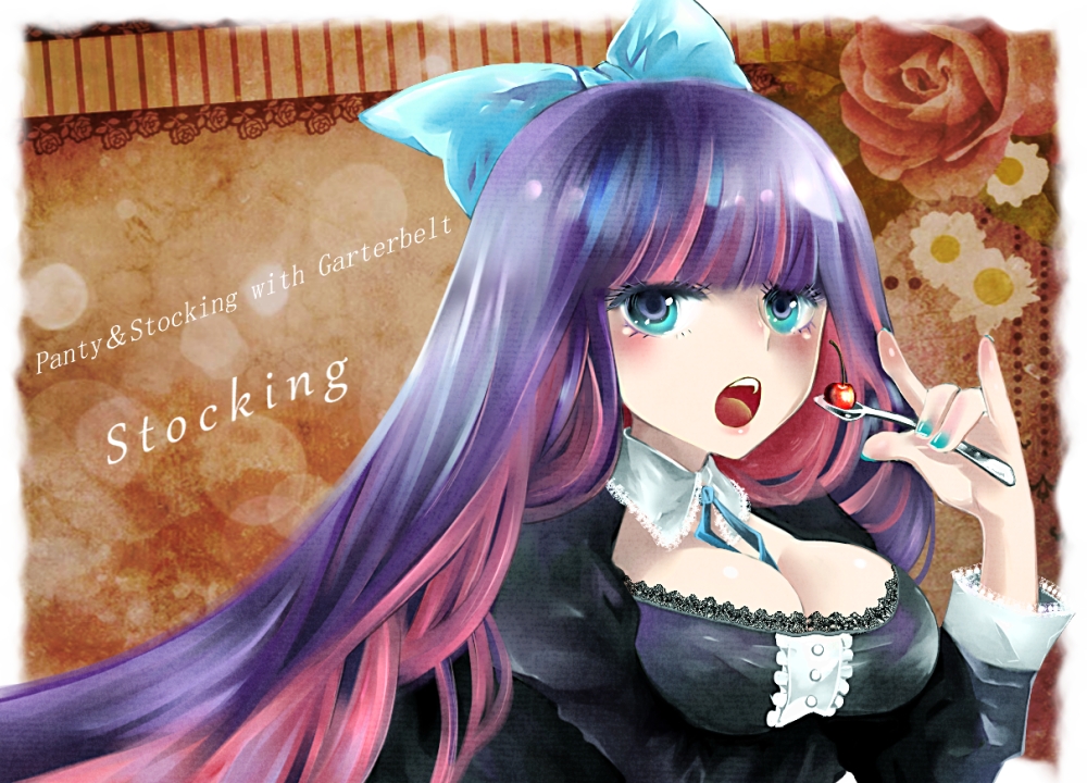 bad_id bad_pixiv_id blue_hair blush breasts cleavage eating food green_eyes hair_ribbon long_hair medium_breasts multicolored_hair open_mouth panty_&amp;_stocking_with_garterbelt pink_hair puzzle157xxx revision ribbon solo spoon stocking_(psg) tears two-tone_hair