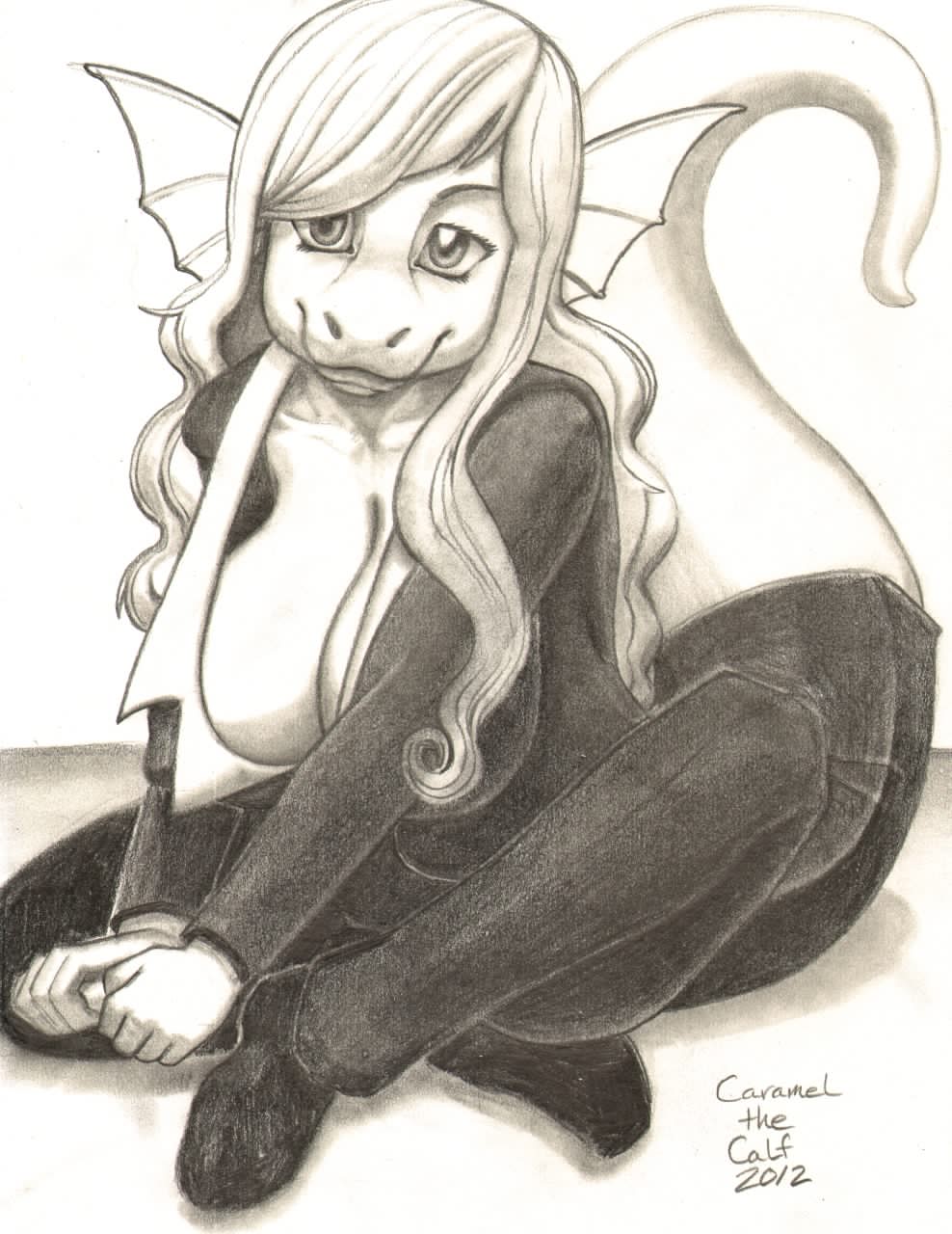 2012 anthro beatrix_(seisuke) big_breasts bipedal black_pants black_shirt breasts business_suit cleavage clothed clothing crosslegged curled_tail curly_hair dragon female frills front_view full-length_portrait greyscale hair hi_res huge_breasts long_hair looking_at_viewer monochrome pencil_(art) plain_background seisuke shoes shy signature sitting smile solo stevefarfan thick_tail three-quarter_view traditional_media white_background
