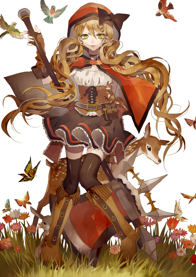 animal axe bird blonde_hair bug bunny butterfly cape deer flower gloves grass green_eyes grimm's_fairy_tales hood insect little_red_riding_hood little_red_riding_hood_(grimm) long_hair original princess_royale ribbon solo squirrel tsukioka_tsukiho twintails weapon