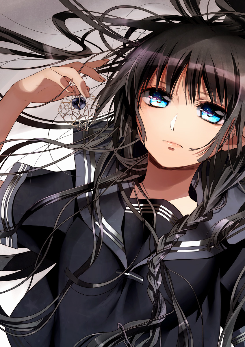 black_hair blue_eyes highres long_hair lying murakami_yuichi original revision school_uniform solo
