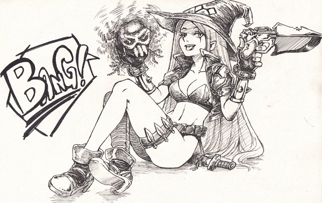 ankle_boots asymmetrical_clothes belt bling_(wnsdud34) boots bracelet bustier cropped_jacket dagger english fingerless_gloves gloves gunblade hat jewelry katarina_du_couteau league_of_legends legs long_hair midriff monochrome popped_collar scar sitting sketch skull solo spiked_bracelet spikes tongue tongue_out weapon witch_hat