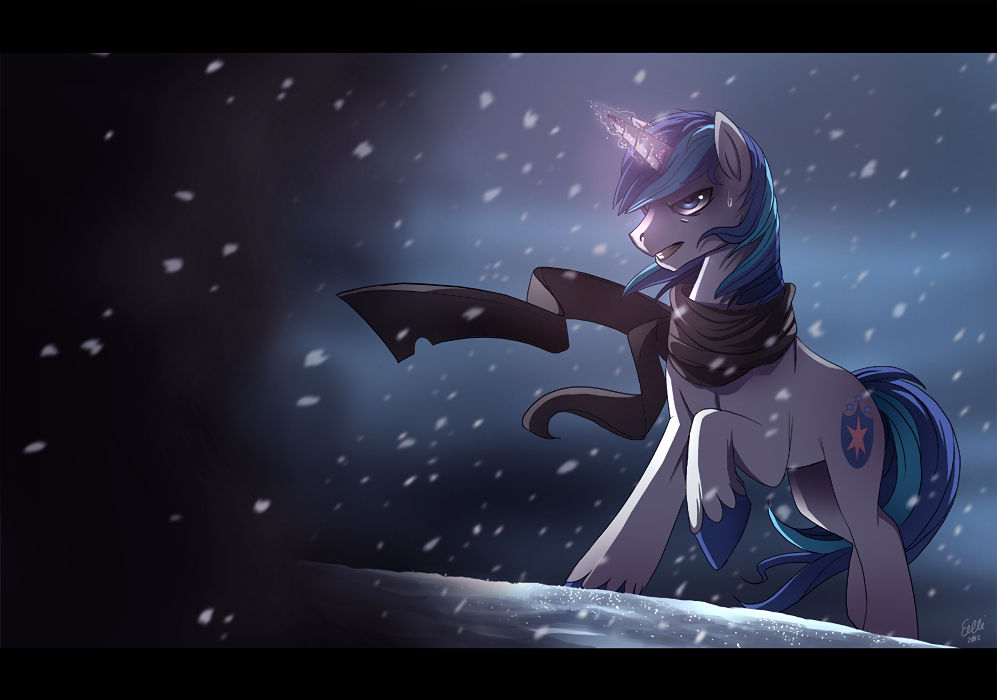 blizzard blue_eyes blue_hair cloud cool_colors cutie_mark equine feral friendship_is_magic glowing hair horn horse king_sombra_(mlp) magic male mammal multi-colored_hair my_little_pony pony ruhje scarf shadow shining_armor_(mlp) snow solo unicorn
