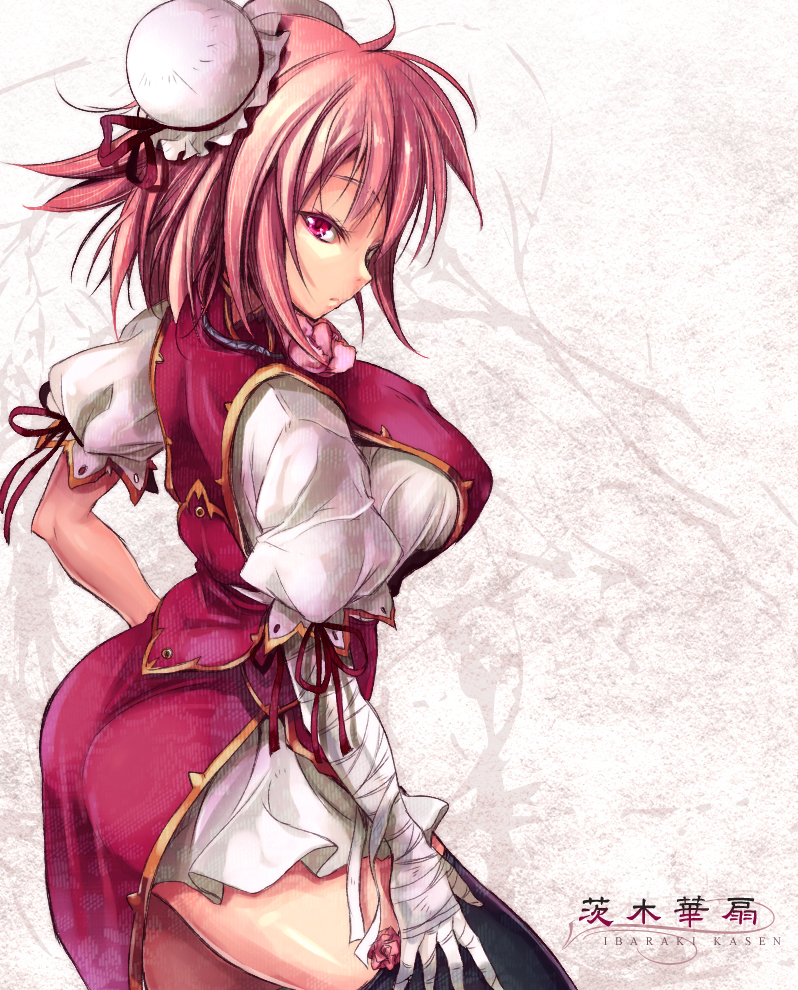 ass bad_id bad_pixiv_id bandages black_legwear breasts bun_cover character_name curvy double_bun dress face fukai_ryousuke hand_on_thigh ibaraki_kasen large_breasts pink_eyes pink_hair revision solo tabard thighhighs touhou