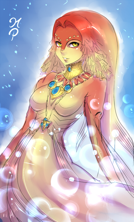 breasts choker fish_girl gem jewelry maniacpaint medium_breasts monster_girl necklace nude red_hair rutela solo the_legend_of_zelda the_legend_of_zelda:_twilight_princess underwater yellow_eyes zora