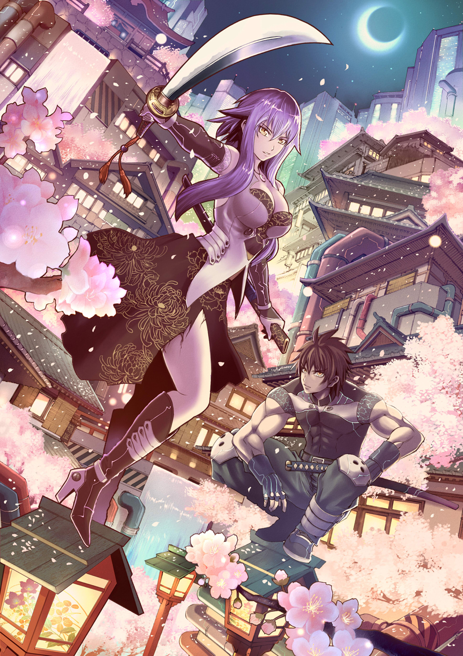 1girl boots brown_hair building cherry_blossoms city cityscape crescent_moon detached_sleeves dutch_angle fingerless_gloves flower foreshortening full_body gloves hayadai high_heels highres katana lantern moon muscle night original petals purple_hair shoes spider_lily squatting sword unmoving_pattern water waterfall weapon yellow_eyes