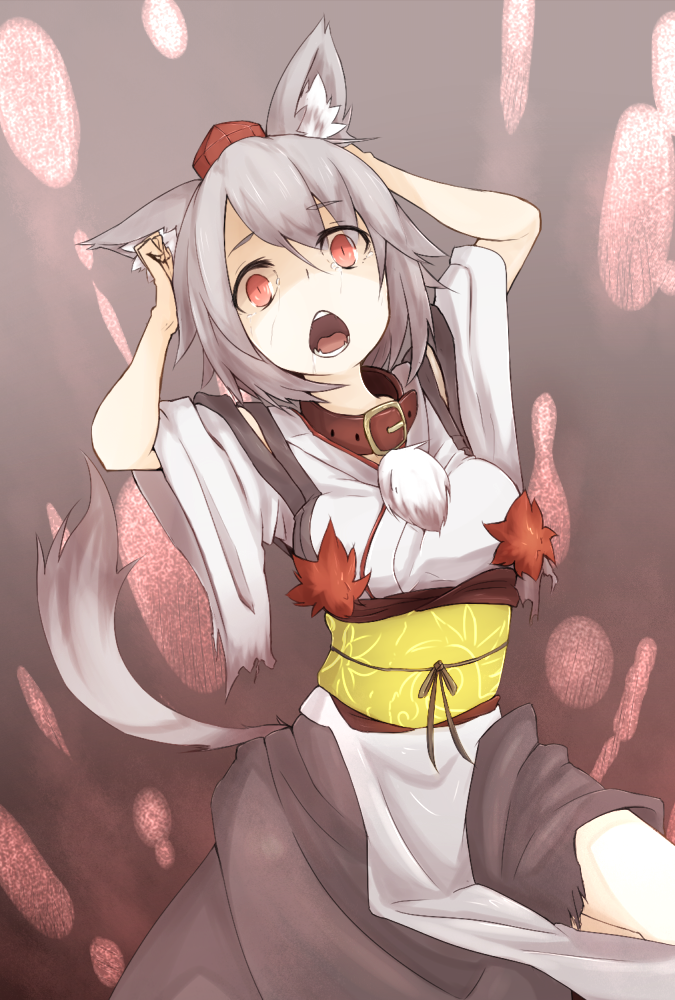animal_ears bad_id bad_pixiv_id bare_shoulders breasts collar detached_sleeves hat inubashiri_momiji kourindou_tengu_costume looking_at_viewer medium_breasts open_mouth red_eyes ryota_tentei short_hair silver_hair skirt solo tail tears tokin_hat torn_clothes touhou wolf_ears wolf_tail