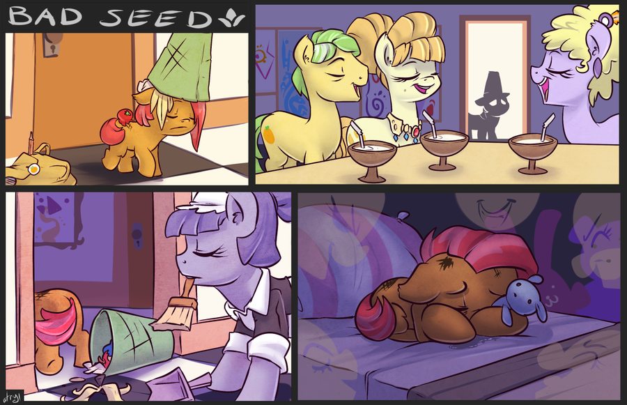 :( atryl babs_seed_(mlp) bed closet comic crying cutie_mark drinks friendship_is_magic jewelry laugh maid maid_uniform mock my_little_pony orange_fur party plushie sad trash trash_can two_tone_hair