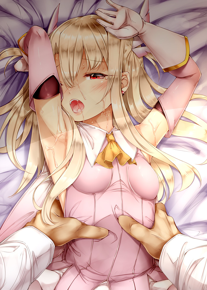 1boy 1girl armpits arms_up ascot bangs bare_shoulders bed_sheet blonde_hair blush breasts collarbone collared_dress commentary_request dark_skin dark_skinned_male detached_sleeves dress drooling earrings eyebrows_visible_through_hair fate/kaleid_liner_prisma_illya fate_(series) feathers from_above gloves hair_between_eyes hair_feathers hair_ornament half-closed_eyes illyasviel_von_einzbern implied_sex jewelry long_hair long_sleeves looking_at_viewer lying on_back on_bed open_mouth orange_neckwear parted_bangs pink_dress pov prisma_illya red_eyes saliva shade sheet_grab shiny shiny_hair sidelocks sleeveless sleeveless_dress small_breasts solo_focus sugiyuu sweat tears torso_grab two_side_up upper_body white_gloves