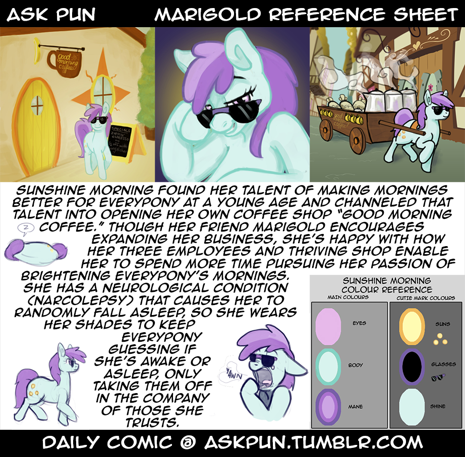 ask_pun comic equine eyewear female friendship_is_magic horse model_sheet my_little_pony narcolepsy pony sunglasses sunshine_morning text tumblr