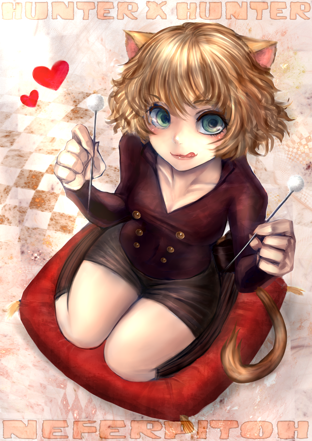 akubi_(fyfy) animal_ears bad_id bad_pixiv_id black_legwear blonde_hair blue_eyes cat_ears cat_tail collarbone curly_hair face from_above hands hunter_x_hunter licking_lips long_sleeves mimikaki neferpitou revision seiza short_shorts shorts sitting socks solo tail tongue tongue_out