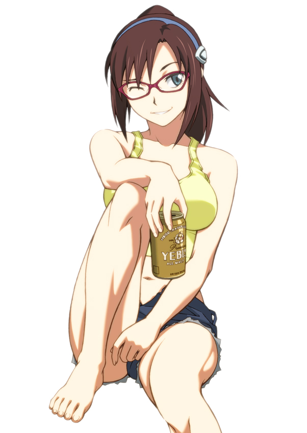 alcohol alternate_hairstyle barefoot beer beer_can breasts brown_hair can cosplay evangelion:_2.0_you_can_(not)_advance feet glasses green_eyes grin hairband katsuragi_misato katsuragi_misato_(cosplay) large_breasts long_legs makinami_mari_illustrious midriff navel neon_genesis_evangelion norizou one_eye_closed ponytail rebuild_of_evangelion revision sitting smile solo tank_top yebisu
