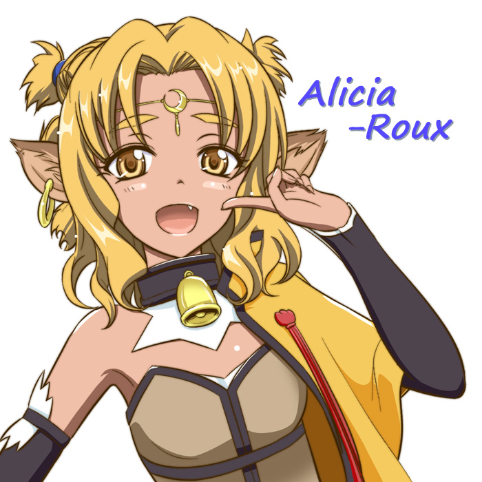 alicia_rue animal_ears bell blonde_hair cat_ears character_name circlet crescent earrings fang jewelry short_hair solo sword_art_online twintails xanadu yellow_eyes