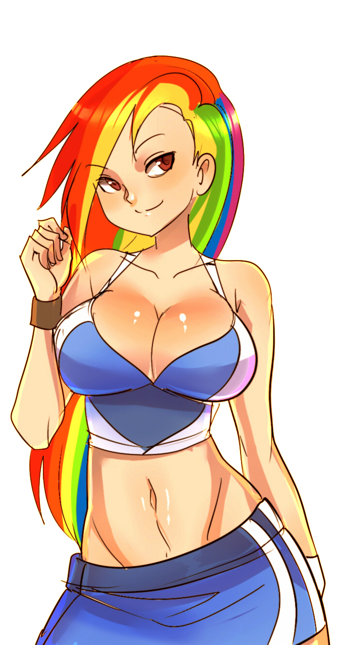bangs bare_shoulders breasts cleavage contrapposto crop_top groin highres large_breasts long_hair maniacpaint midriff miniskirt multicolored multicolored_hair my_little_pony my_little_pony_friendship_is_magic navel personification rainbow_dash rainbow_hair red_eyes skirt smile solo standing sweatband