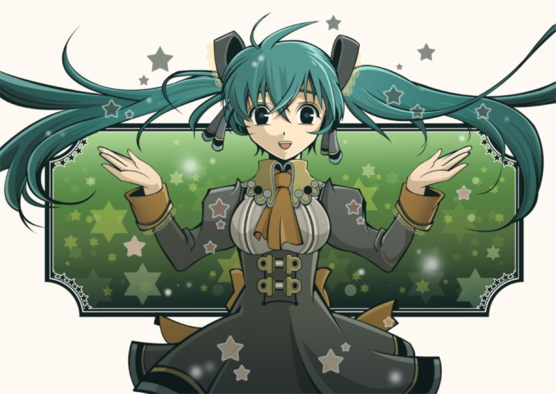 breasts dress green_eyes green_hair hatsune_miku long_hair medium_breasts solo star toniomi twintails very_long_hair vocaloid