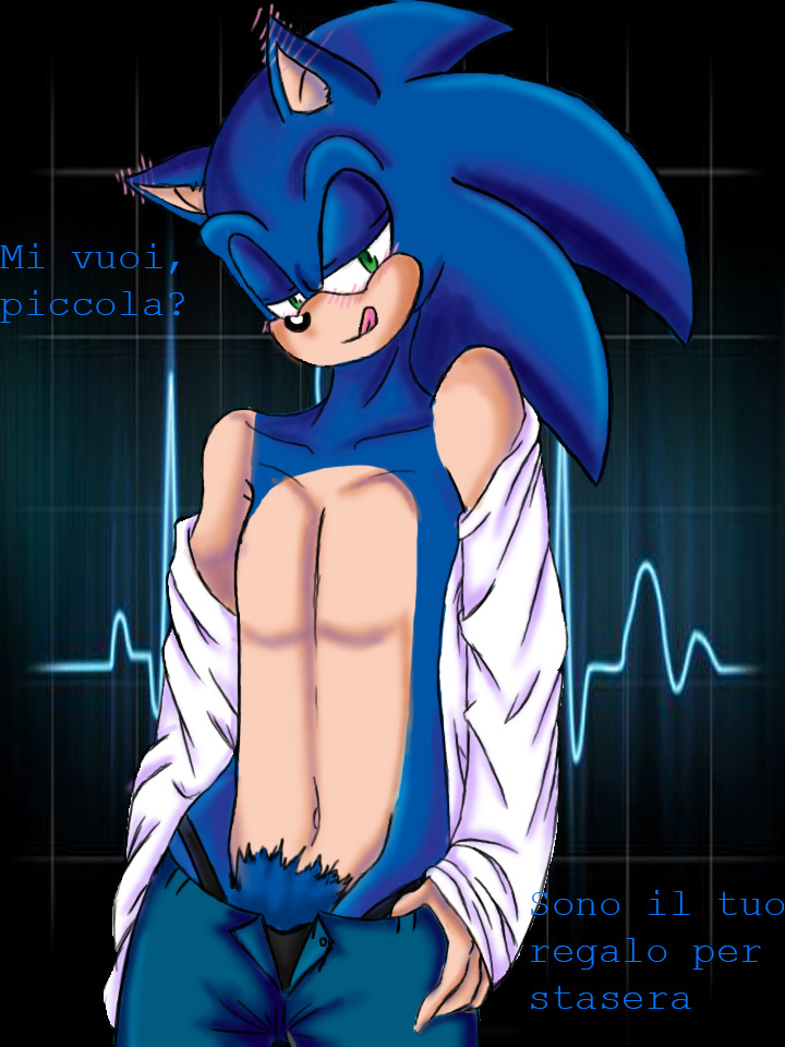 blue_hair blush clothing green_eyes hair hedgehog italian italian_text licking licking_lips looking_at_viewer male mammal open_mouth pants pose pubes seductive sega shirt solo sonic_(series) sonic_the_hedgehog standing text tongue translated translation_request underwear undressing