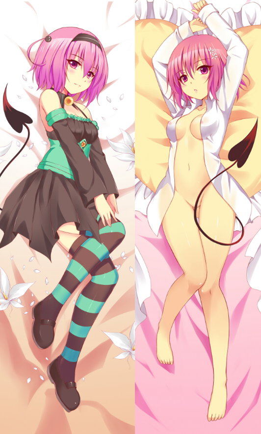 arms_up bare_shoulders barefoot beiyu blush bottomless breasts dakimakura demon_tail detached_sleeves frilled_pillow frills groin hair_ornament looking_at_viewer lying medium_breasts momo_velia_deviluke multiple_views navel on_back open_clothes open_shirt outstretched_arms pillow pink_eyes pink_hair shirt short_hair smile striped striped_legwear tail thighhighs to_love-ru to_love-ru_darkness
