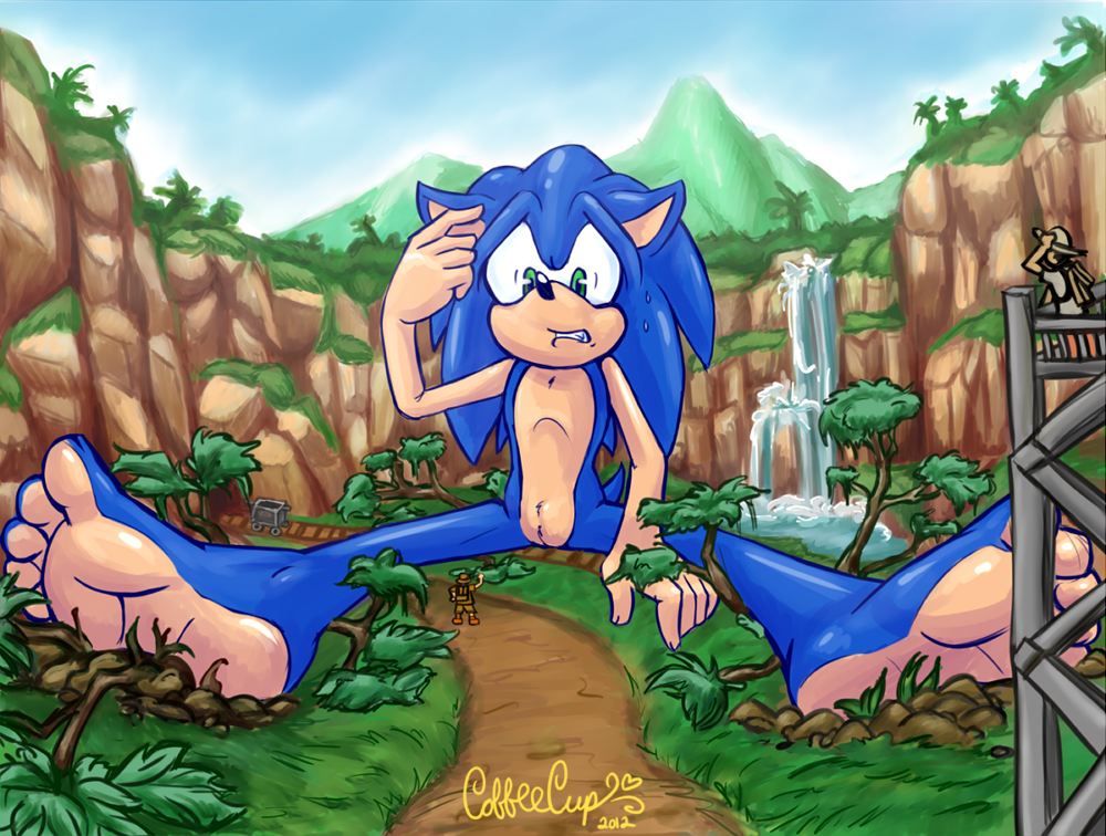 5_toes anthro blue_hair foot_focus giant green_eyes hair hedgehog hindpaw jungle male mammal nude paws plantigrade sega sitting size_difference soles sonic_(series) sonic_the_hedgehog toes