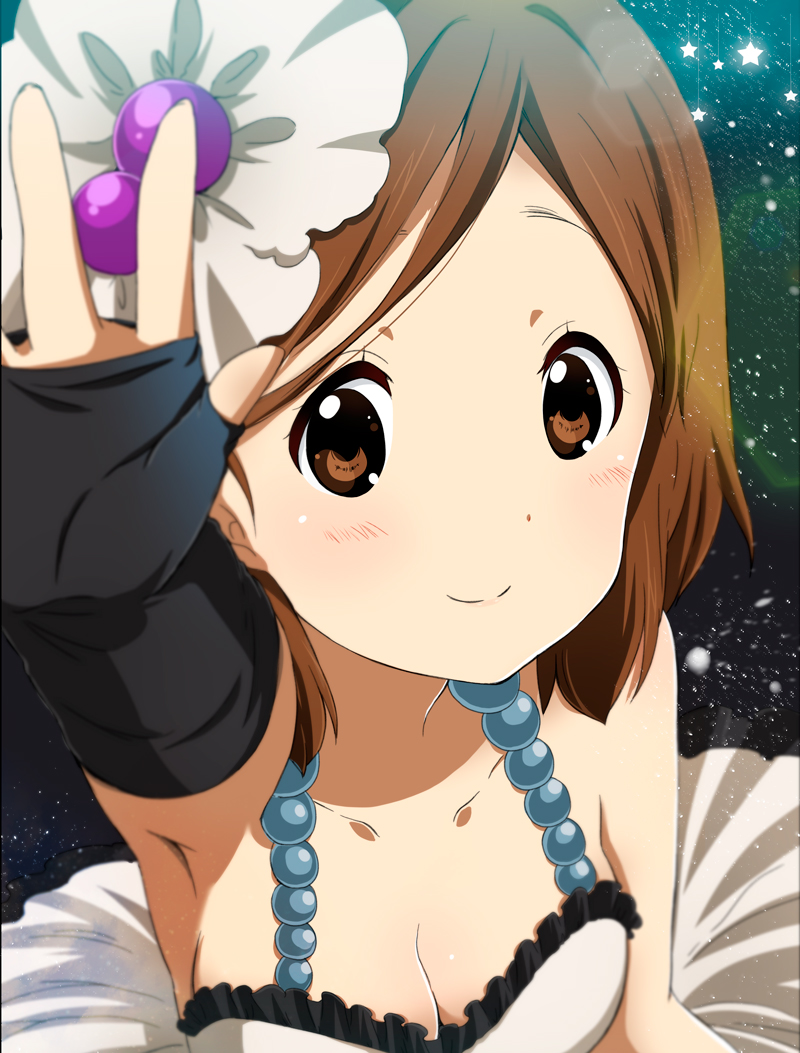 bad_id bad_pixiv_id blush breasts brown_eyes brown_hair cleavage don't_say_"lazy" dress fingerless_gloves gloves hair_ornament hirasawa_yui k-on! looking_at_viewer medium_breasts official_style ragho_no_erika smile solo star starry_background