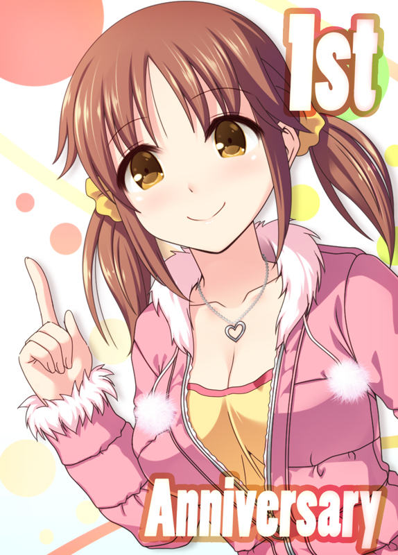 :d bare_shoulders breasts brown_eyes brown_hair fur_collar fur_trim heart heart_necklace idolmaster idolmaster_cinderella_girls long_hair looking_at_viewer medium_breasts open_mouth parka short_twintails smile solo totoki_airi totokichi twintails
