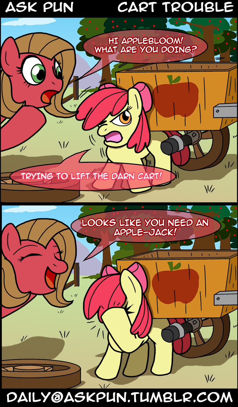 amber_eyes apple apple_bloom_(mlp) ask_pun brown_hair cart comic cub dialog dialogue duo equine facepalm female feral forest friendship_is_magic fruit fur green_eyes hair horse humor joke mammal my_little_pony pony pun pun_pony red_fur text tree tumblr wagon yellow_fur young