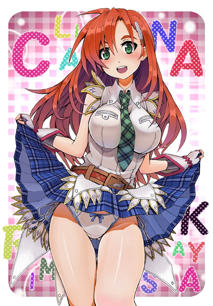 azarashing_day bad_id bad_pixiv_id bare_shoulders belt blush breasts cliana_rimskaya feathers fingerless_gloves gloves green_eyes hair_ornament hairclip highres large_breasts long_hair looking_at_viewer necktie open_mouth orange_hair panties skirt skirt_lift smile solo super_robot_wars super_robot_wars_destiny super_robot_wars_original_generation the_2nd_super_robot_wars_og thigh_gap underwear
