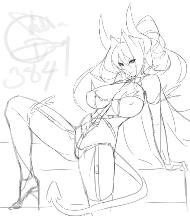 breasts demon_tail elbow_gloves eu03 garter_straps gloves greyscale high_heels highleg highleg_panties horns huge_breasts impossible_clothes long_hair monochrome original panties shoes sketch solo tail thighhighs tsunoko underwear very_long_hair