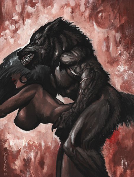 biceps big_breasts black_fur black_hair breasts canine doggy_position duo eyes_closed fangs female from_behind fur hair human human_on_anthro interspecies male mammal nipples nude penetration sex standing straight unknown_artist wolf