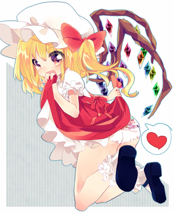 blonde_hair blush bow dress dress_lift fang flandre_scarlet frilled_legwear hat hat_ribbon head_rest heart kneeling looking_at_viewer mary_janes mob_cap morinaga_kobato open_mouth panties pink_eyes print_panties puffy_sleeves red_skirt ribbon shirt shoes short_sleeves side_ponytail skirt smile solo spoken_heart touhou underwear white_panties wings