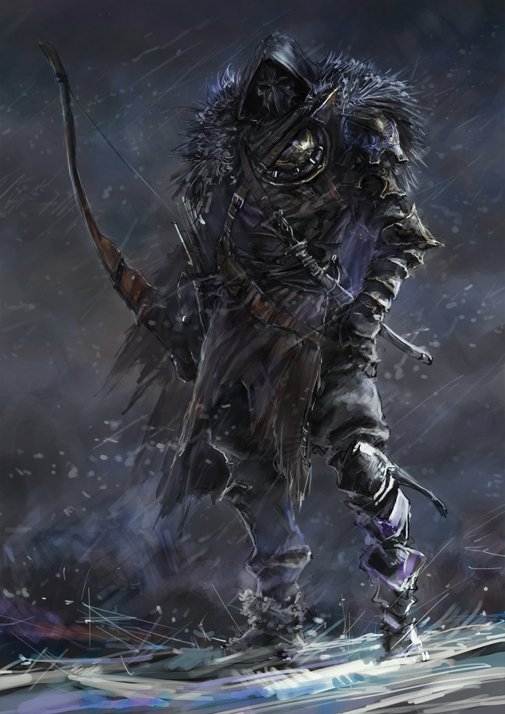 bow dagger gauntlets highres hood mask original snow solo standing wayne_chan weapon