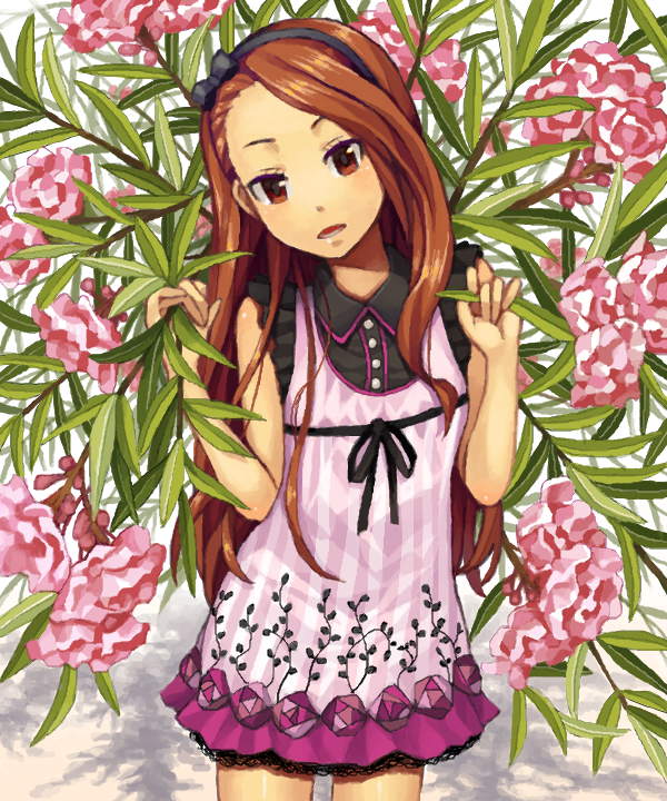 bow brown_eyes brown_hair camisole camisole_over_clothes cowboy_shot drawr floral_background flower goe hair_bow hairband idolmaster idolmaster_(classic) long_hair looking_at_viewer minase_iori oleander plant short_sleeves solo
