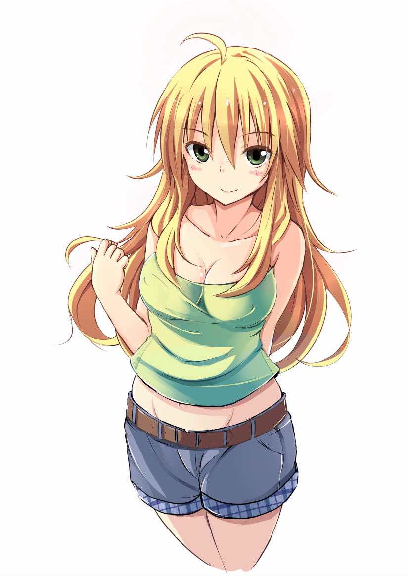 ahoge bad_id bad_pixiv_id bare_shoulders belt blonde_hair blush breasts cleavage green_eyes hoshii_miki idolmaster idolmaster_(classic) long_hair looking_at_viewer medium_breasts midriff navel okome_(minagisama) shorts simple_background smile solo white_background