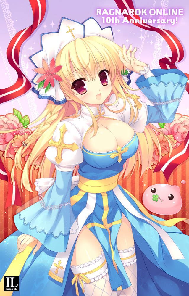 :d anniversary archbishop blonde_hair blush braid breasts cleavage copyright_name cross dress flower large_breasts long_hair mitha open_mouth outline poring ragnarok_online smile solo thighhighs thighs