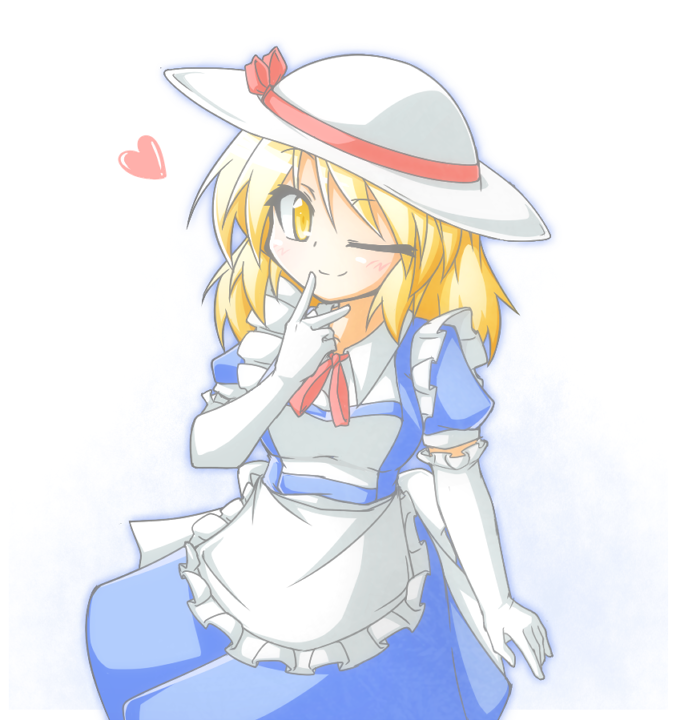 apron blonde_hair breasts cop_(shokkidana) dress elbow_gloves gloves hat heart kana_anaberal medium_breasts one_eye_closed ribbon short_hair smile solo touhou touhou_(pc-98) yellow_eyes