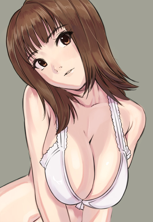 bakushiishi_at bikini_top breasts brown_eyes brown_hair cleavage copyright_request large_breasts solo