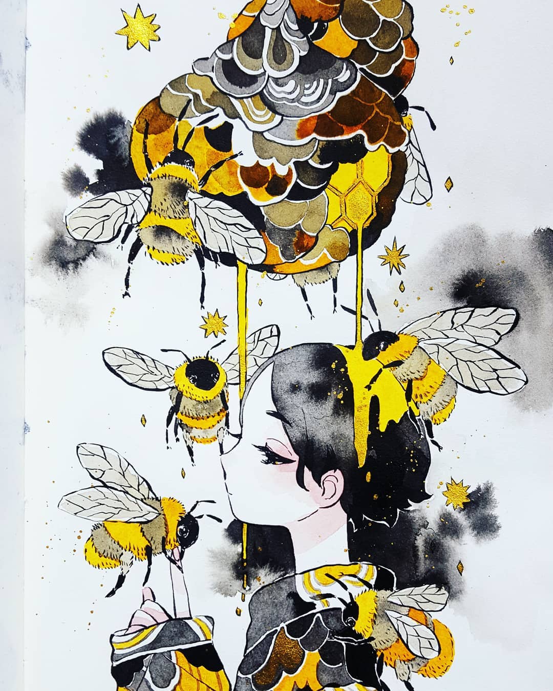 1girl bee beehive black_hair bug from_side half-closed_eyes highres honey honeycomb_(pattern) index_finger_raised insect long_sleeves maruti_bitamin original oversized_insect profile short_hair striped traditional_media upper_body watercolor_(medium) wings