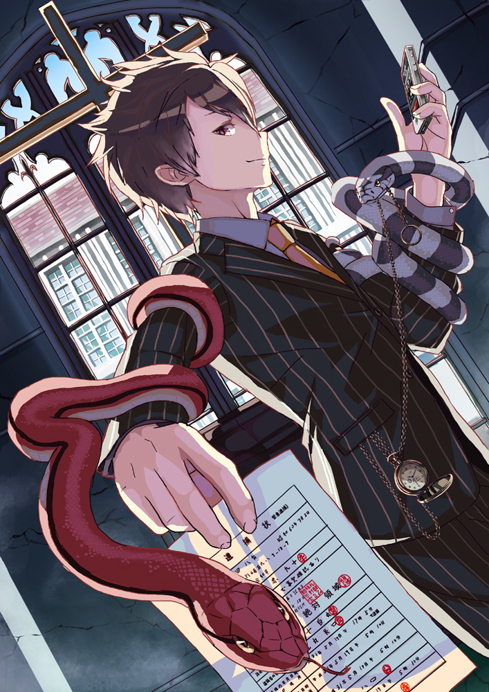 1boy bad_id bad_pixiv_id black_hair brown_eyes cellphone chain cross formal holding looking_at_viewer male_focus necktie original paper phone pinstripe_pattern pinstripe_suit pocket_watch smile snake solo striped suit watch window