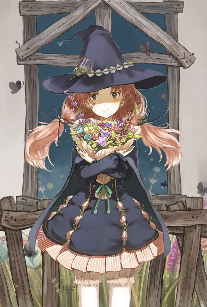 artist_name bandaid bloomers blush bouquet dated dress fence flower grass hair_ribbon hat long_hair looking_at_viewer low_twintails original pink_hair pogane ribbon smile solo twintails underwear window witch_hat