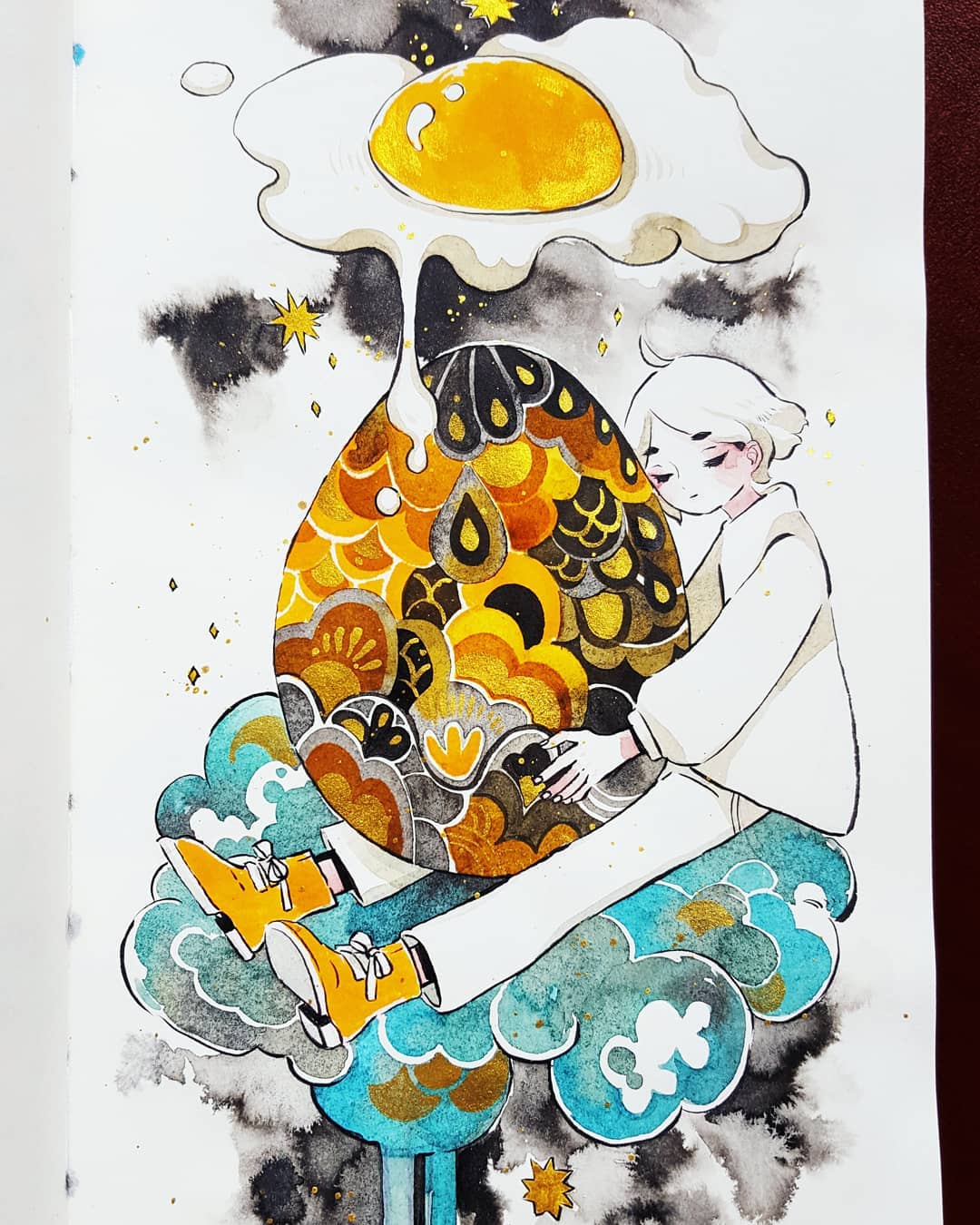 1girl cloud egg egg_yolk expressionless eyebrows_visible_through_hair eyes_closed food full_body highres long_sleeves maruti_bitamin original oversized_food oversized_object pants shirt shoes short_hair sitting solo sunny_side_up_egg traditional_media watercolor_(medium) white_hair white_pants white_shirt yellow_footwear
