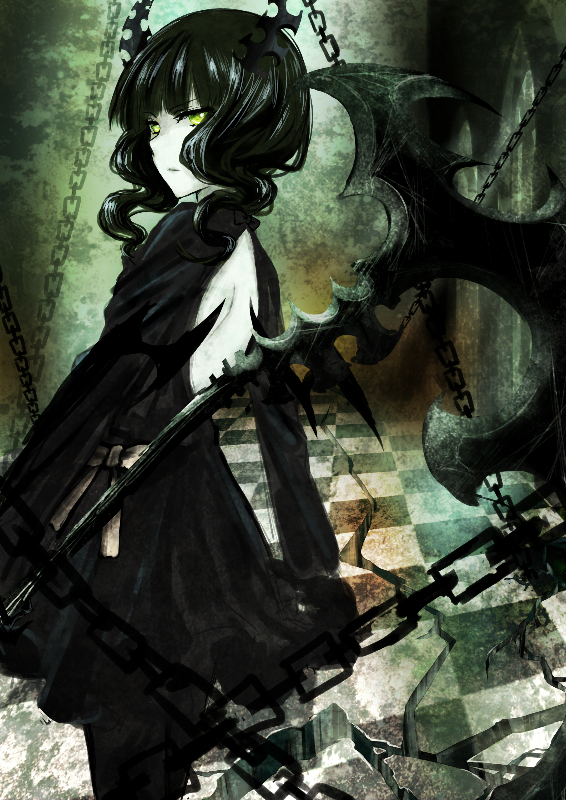 akano_sakura axe backless_dress backless_outfit bare_back black_dress black_hair black_rock_shooter chain checkered checkered_floor dead_master dress green_eyes holding holding_weapon horns long_hair looking_at_viewer solo weapon