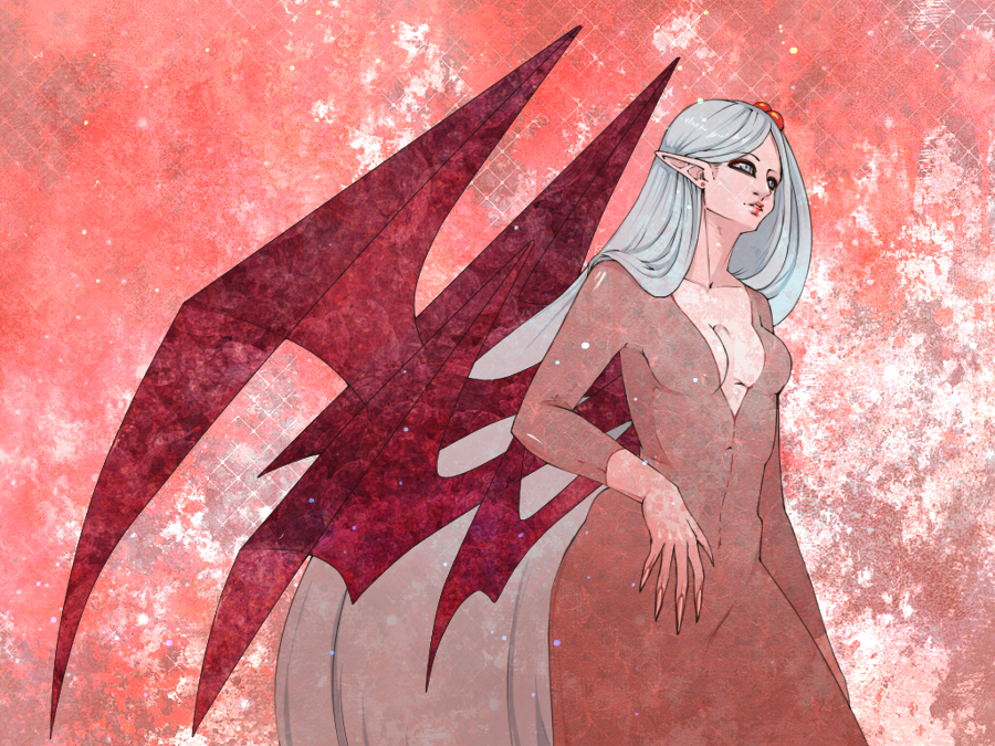 bad_deviantart_id bad_id blue_eyes breasts cleavage commentary demon_girl demon_wings dizmathik fingernails hair_bobbles hair_ornament lipstick long_fingernails long_hair looking_away makeup medium_breasts multiple_wings parted_lips pointy_ears red_background shinki silver_hair solo touhou touhou_(pc-98) very_long_hair wings